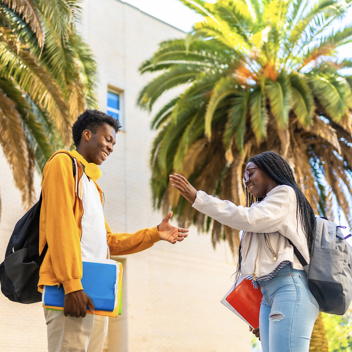 African american university colleagues high fiving in the campus next to tropical palm trees